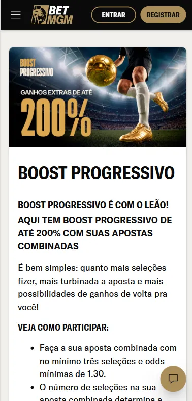 Banner do Boost Progressivo na BetMGM com bônus de até 200% e texto explicativo da oferta
