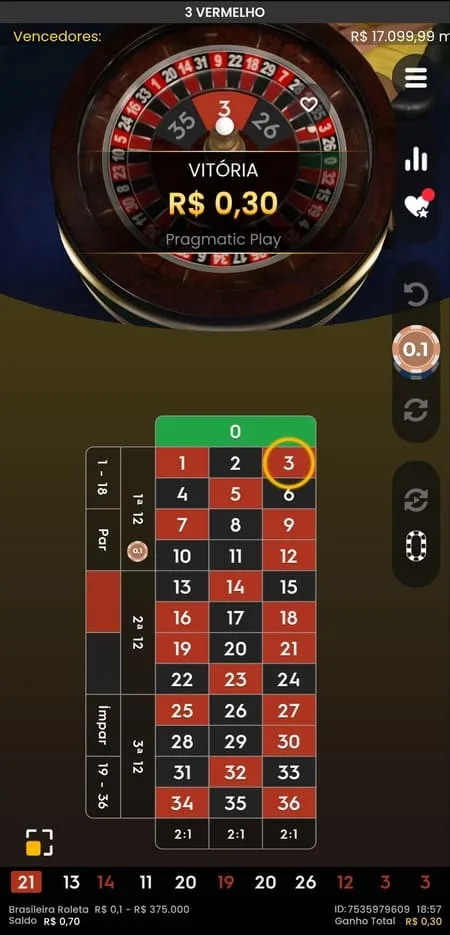 Vitória de 30 centavos na Roleta Brasileira
