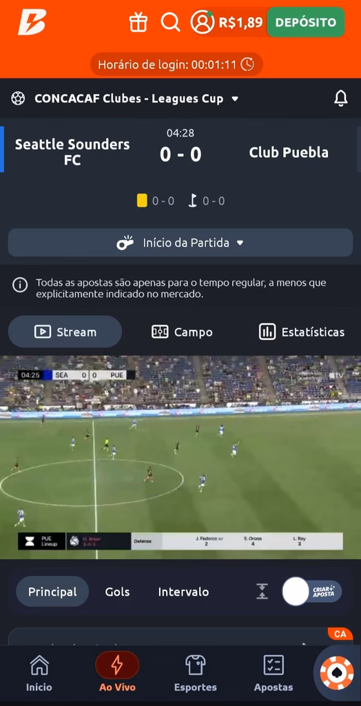 Captura de tela do app Betano com streaming ao vivo na CONCACAF Clubes