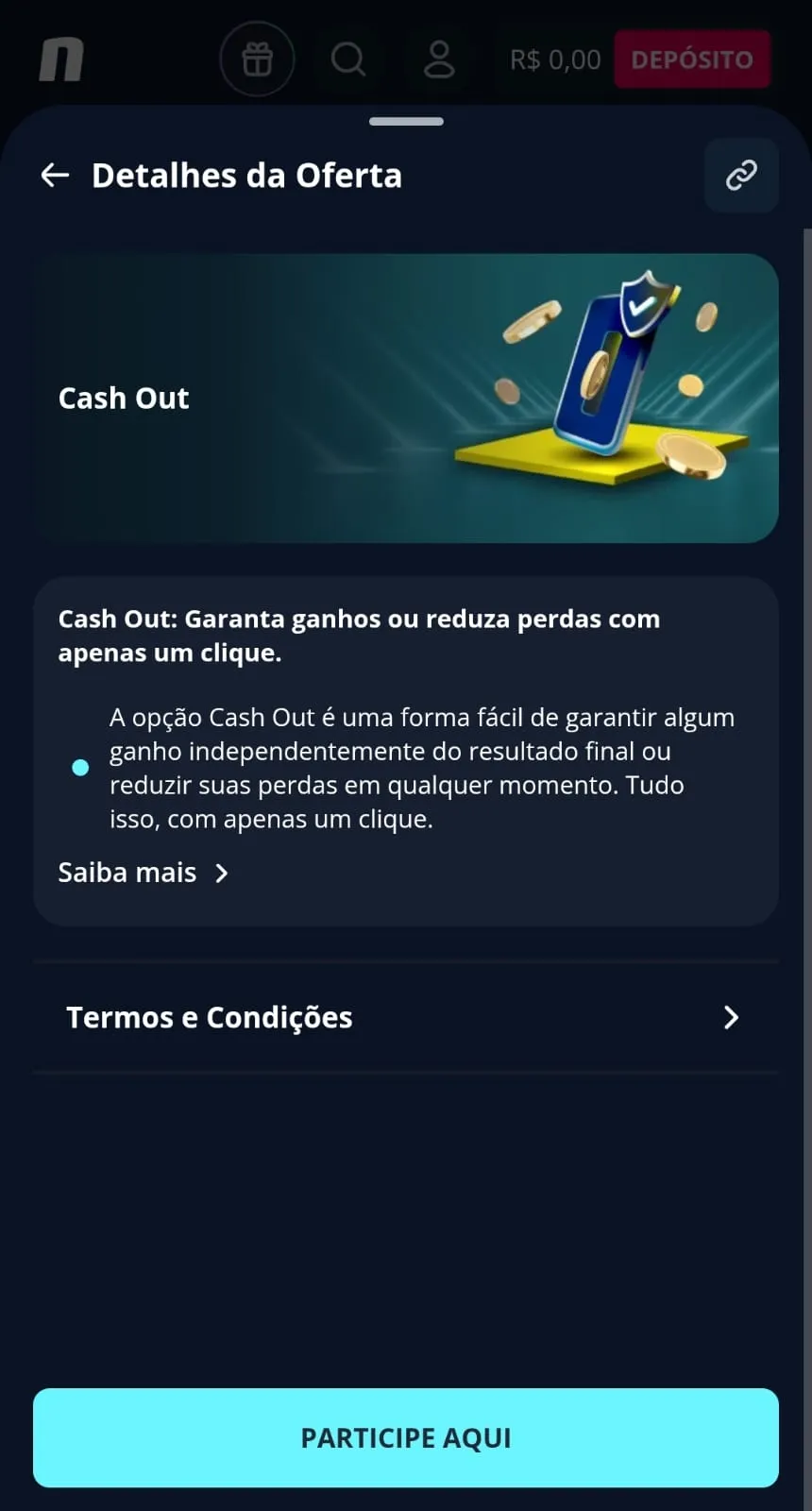 Oferta de Cash Out da Novibet