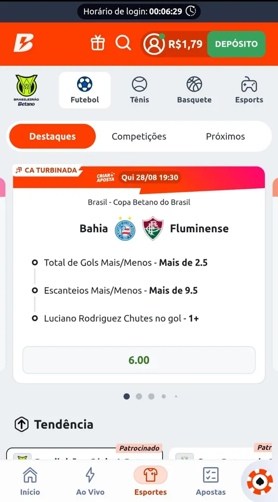 Criar Aposta Turbinada em Bahia x Fluminense com mercados total de gols, e escanteios e para Luciano Rodriguez chutar no gol.