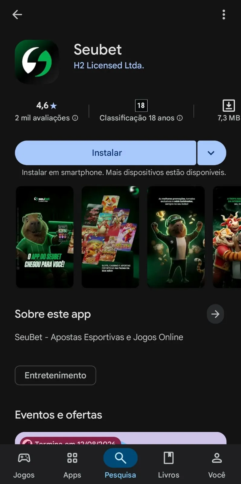 Aplicativo da Seubet na Play Store com o botão de "Instalar" disponível.