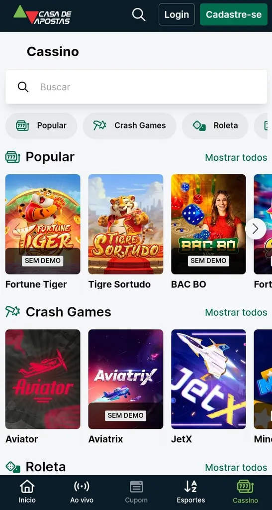 Jogos populares e crash games da Casa de Apostas, como Fortune Tiger, Tigre Sortudo e Aviator