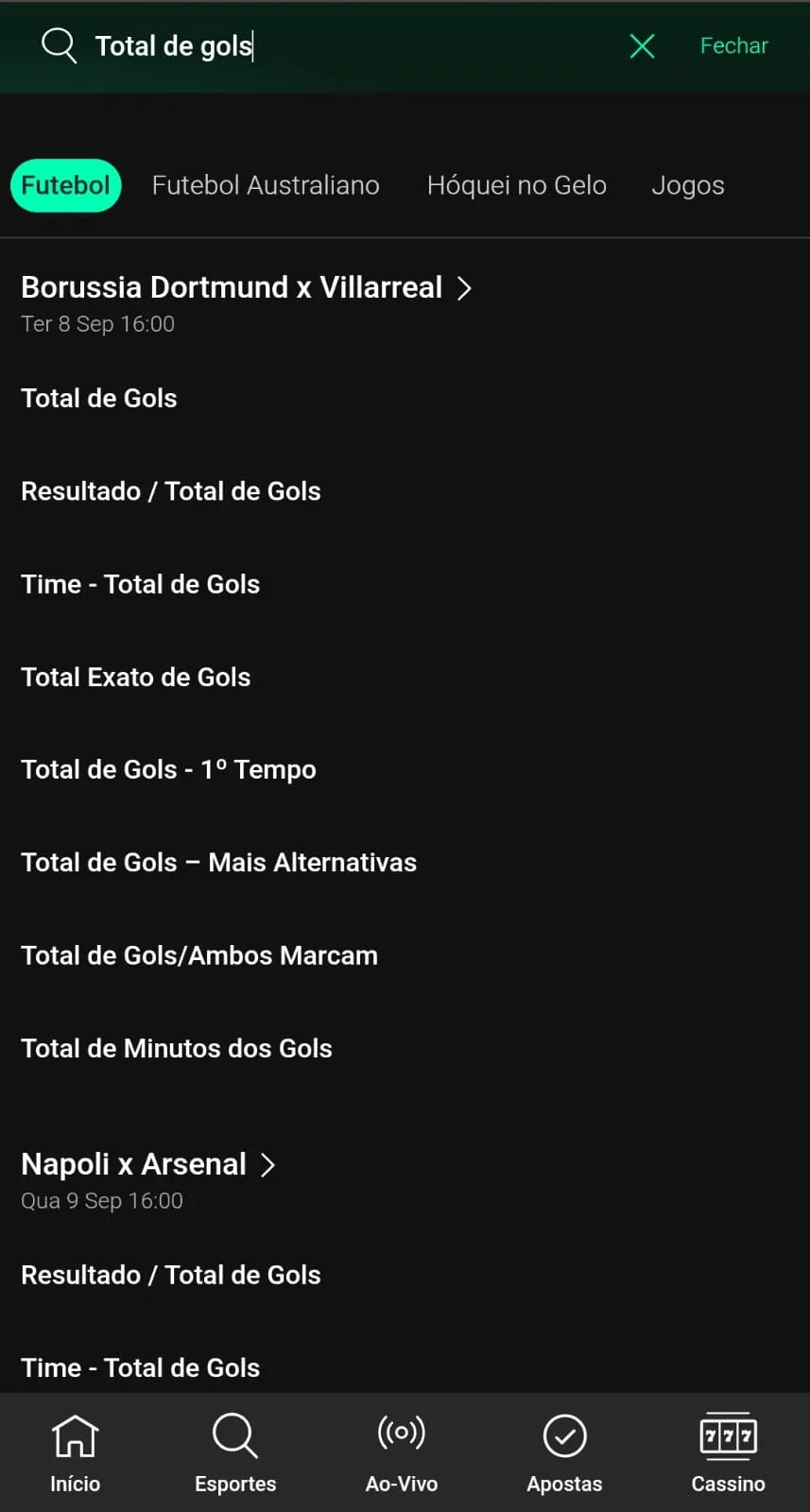 Captura de tela dos mercados da categoria "Total de gols" na bet365
