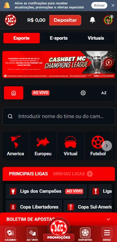 Página de esportes na MC Games com banner da oferta de Cashbet na Champions League