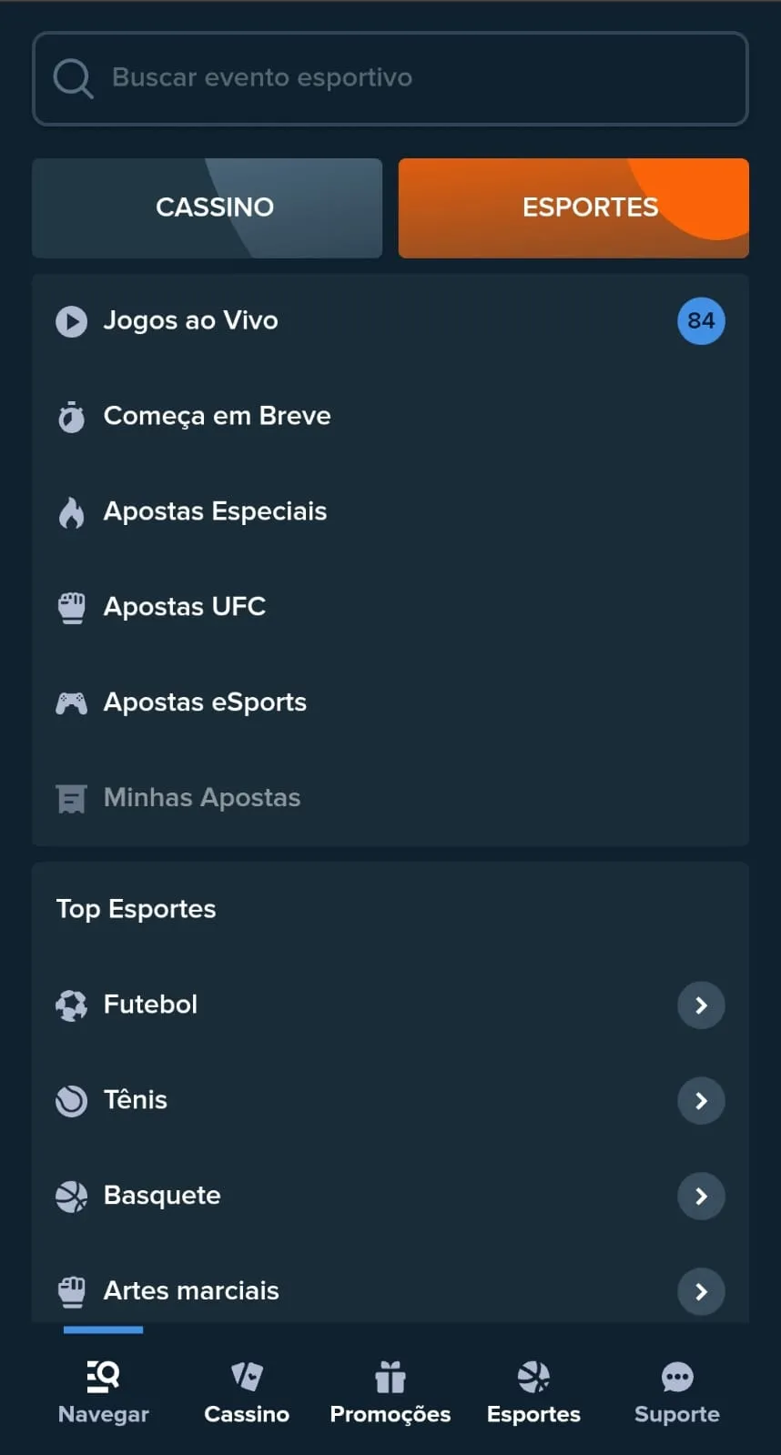 Paínel de apostas esportivas da Stake com atalhos para apostas especiais, UFC, jogos ao vivo e eSports.