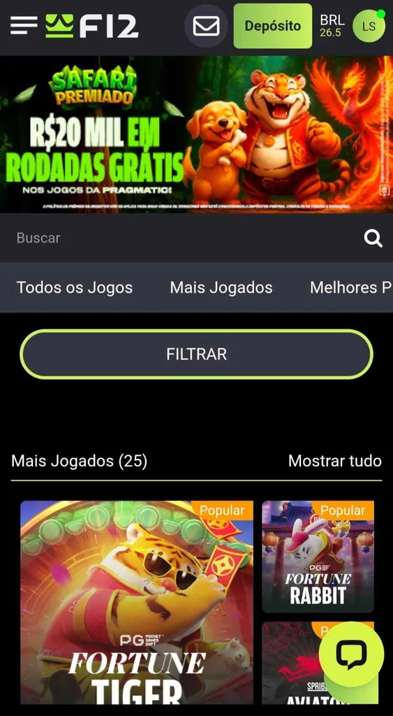 F12.bet Cassino com os slots mais jogados e destaque para Fortune Tiger e promoção Safari Premiado