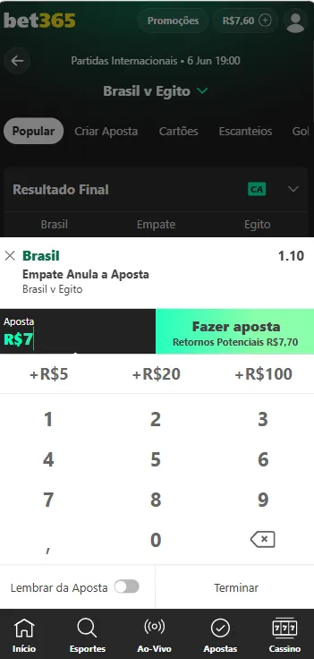 Cupom de aposta da bet365 com seleção Brasil no mercado Empate Anula Aposta contra o Egito

