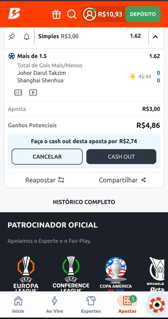 Cupom de aposta na Betano com cash out oferecido a R$2,74 para um palpite de R$3,00