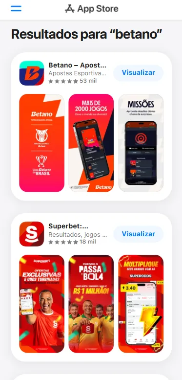 Resultados da App Store com os aplicativos oficiais da Betano e Superbet para iPhone