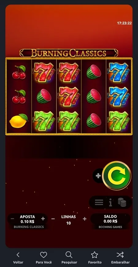 S&iacute;mbolos de frutas e 7 na grade 5x3 do jogo Burning Classics, com fundo vermelho e aposta a 10 centavos