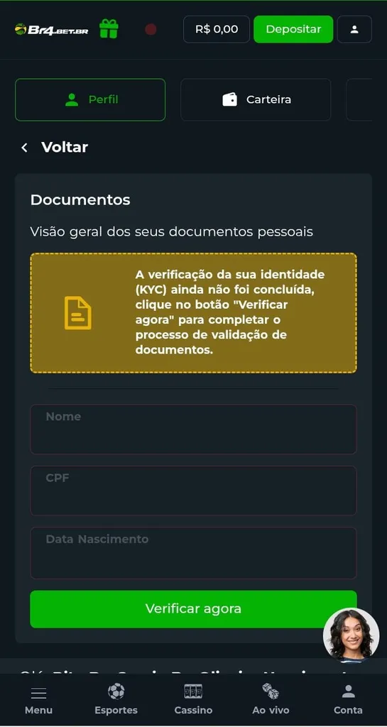 Verificação de conta da Br4Bet, com informe que a verificação não foi concluída e campos para inserir nome, CPF e data de nascimento