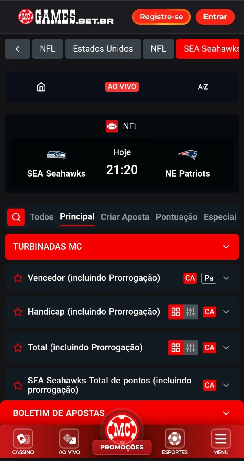 Lista de mercados de uma partida da NFL com opções de Turbinadas MC e a categoria Vencedor, que conta com pagamento antecipado.