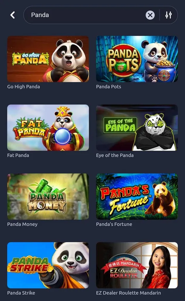 8 jogos do panda na Betano, incluindo Go High Panda, Fat Panda, Eye of the Panda e Panda's Fortune