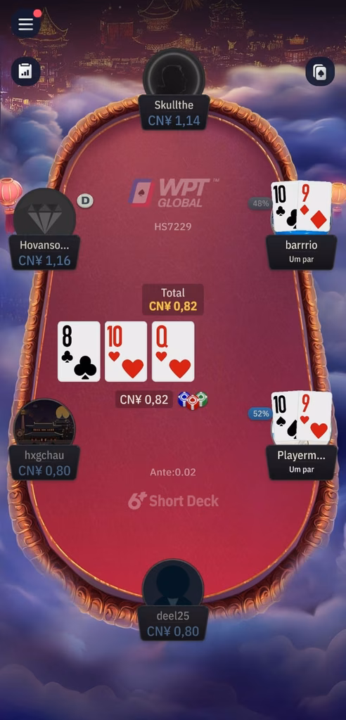 Mesa de poker com quatro jogadores e cartas comunitárias reveladas.