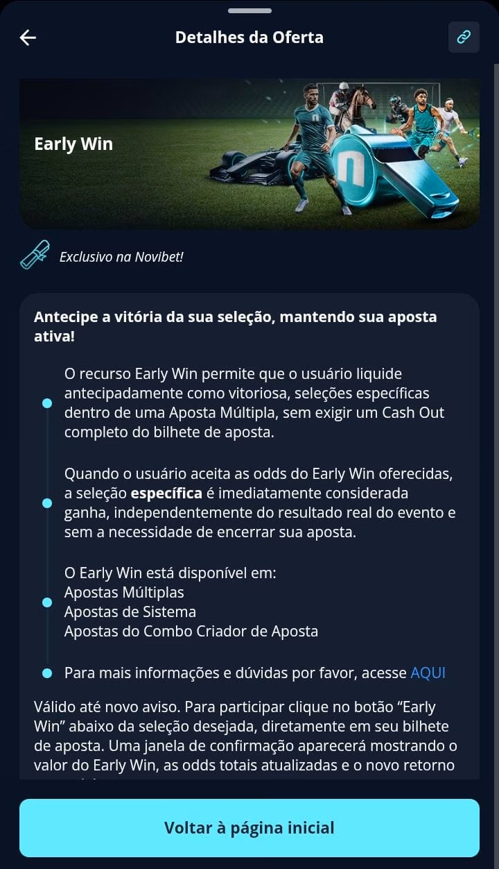 Oferta Early Win na Novibet, com texto explicativo e apito de árbitro no banner promocional