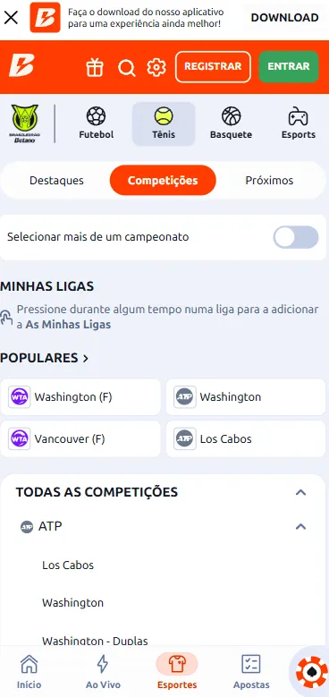 Torneios populares de tênis na Betano como Washington, Vancouver e Los Cabos