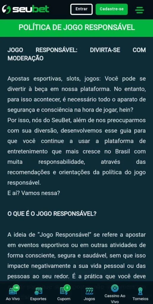 Página sobre Jogo Responsável do site Seubet