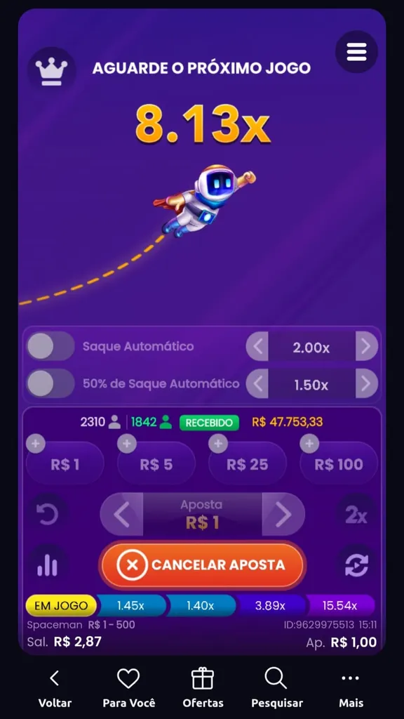 Spaceman com multiplicador em 8.13x em uma aposta de R$ 1 ainda em movimento.