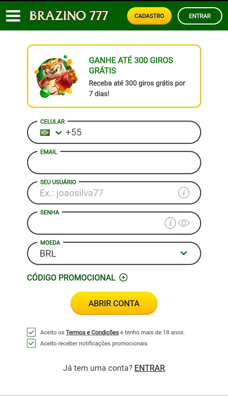 Formulário de cadastro na Brazino777 com campos para preencher nome, email, senha e mais.