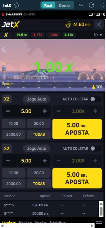 Início da rodada do JetX na Novibet com aposta de R$ 5