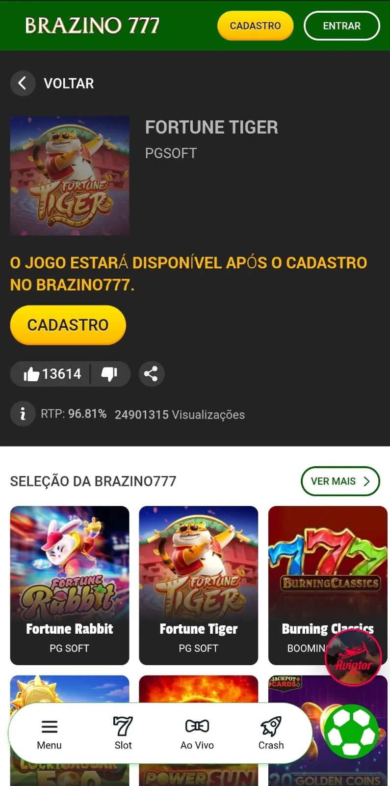 Fortune Tiger na Brazino777 com informações sobre RTP e outros jogos da seleção da operadora.