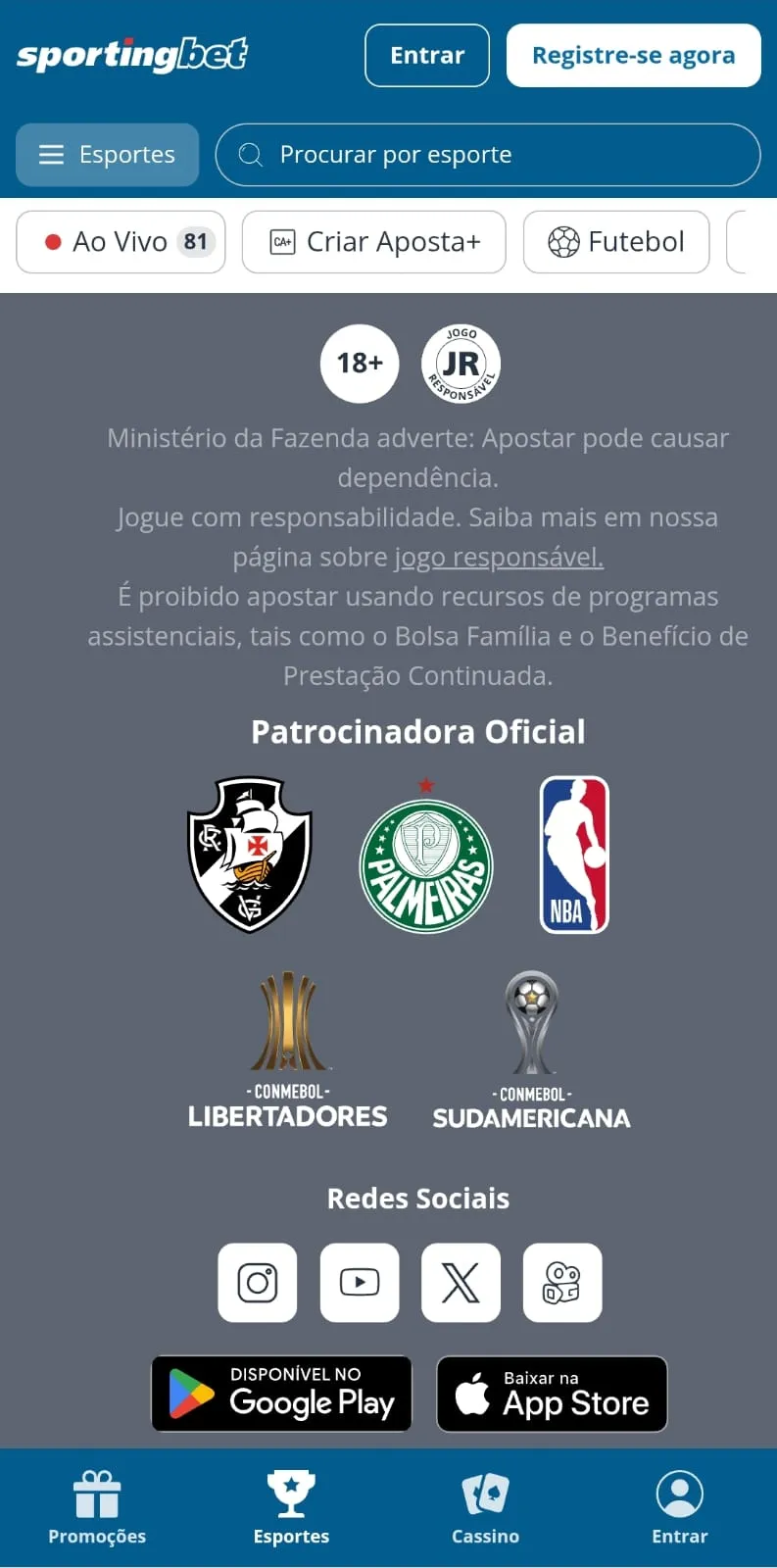 Seções de rodapé do site da Sportingbet com atalhos de acesso para o app na Google Play e App Store.