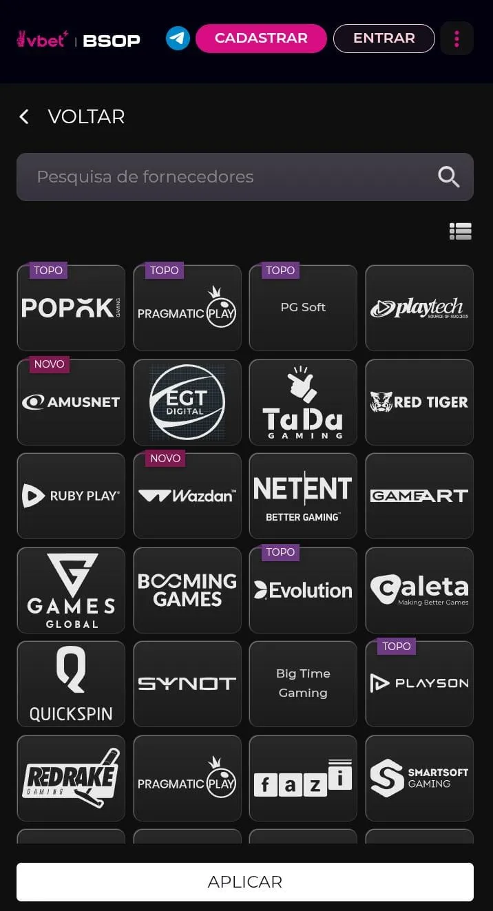 Provedores de jogos do cassino Vbet com PragmaticPlay, Playtech, PG Soft e mais 21 marcas.