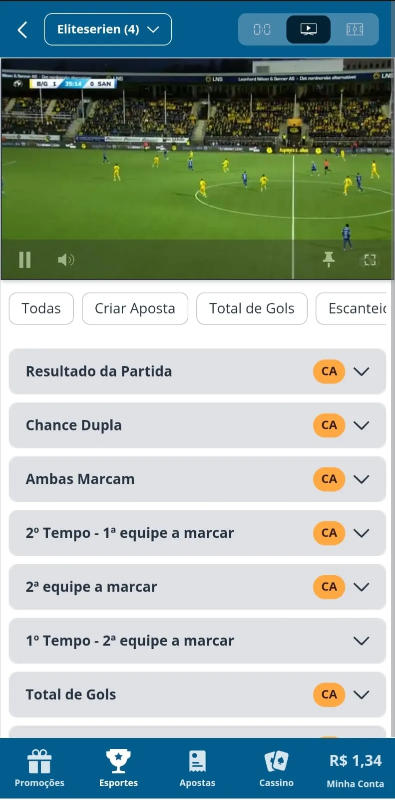 Streaming de futebol nas apostas ao vivo da Sportingbet.