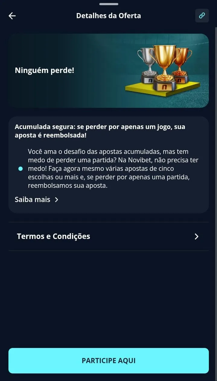 Oferta Ninguém perde na Novibet, com texto explicativo e 3 troféus no banner promocional