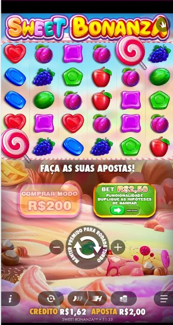 Diferentes figuras de Sweet Bonanza com os símbolos da grade 6x5, recursos de comprar modo e aposta ante