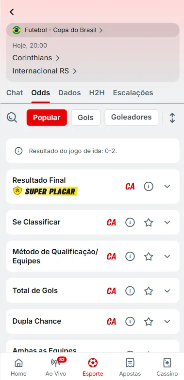 Mercados de aposta no jogo Corinthians x Internacional, incluindo resultado final com oferta SuperPlacar