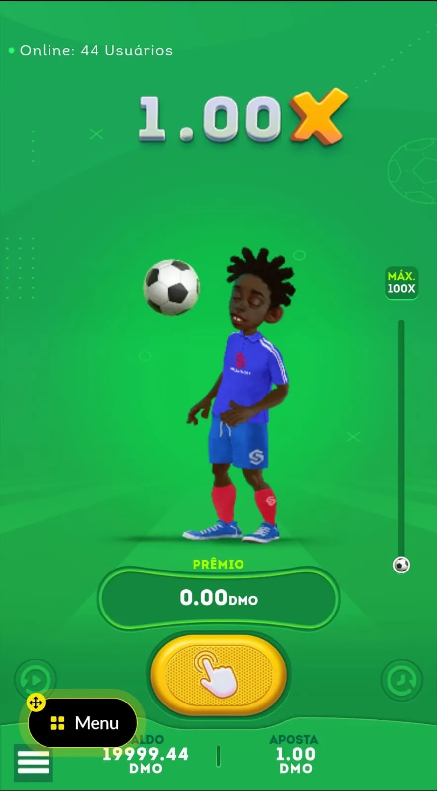 Rodada da versão demo do FootballX na Betboom em andamento, com o jogador fazendo embaixadinhas
Data: 19/05/26