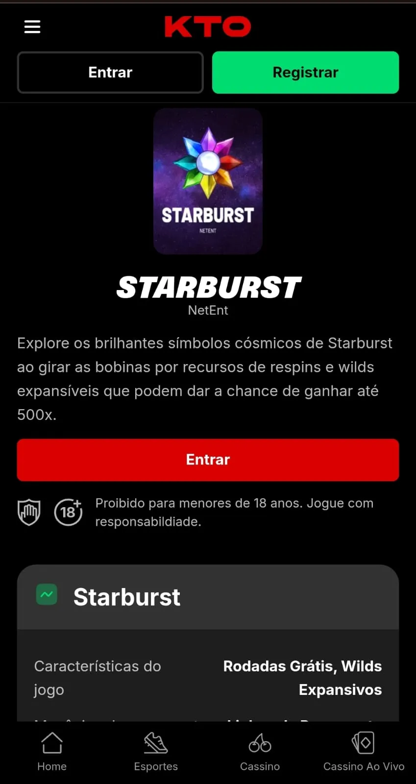 Print da página de informações do slot Starburst na KTO