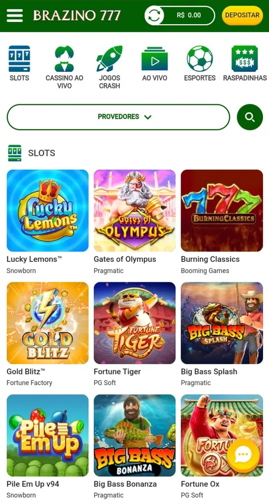 Seção de slots na Brazino777 com Lucky Lemons, Gates of Olympus e outros, além de menu de outros tipos de apostas.