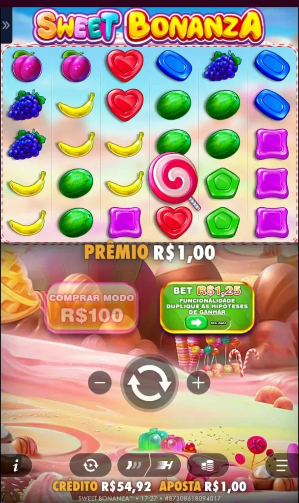 Grade do Sweet Bonanza com combinação de prêmio R$1 para aposta de R$1.