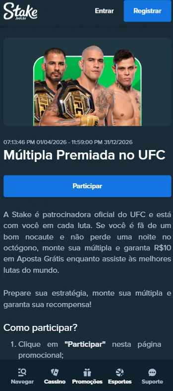 Promoção Múltipla Premiada com aposta grátis de R$10 ao apostar no UFC