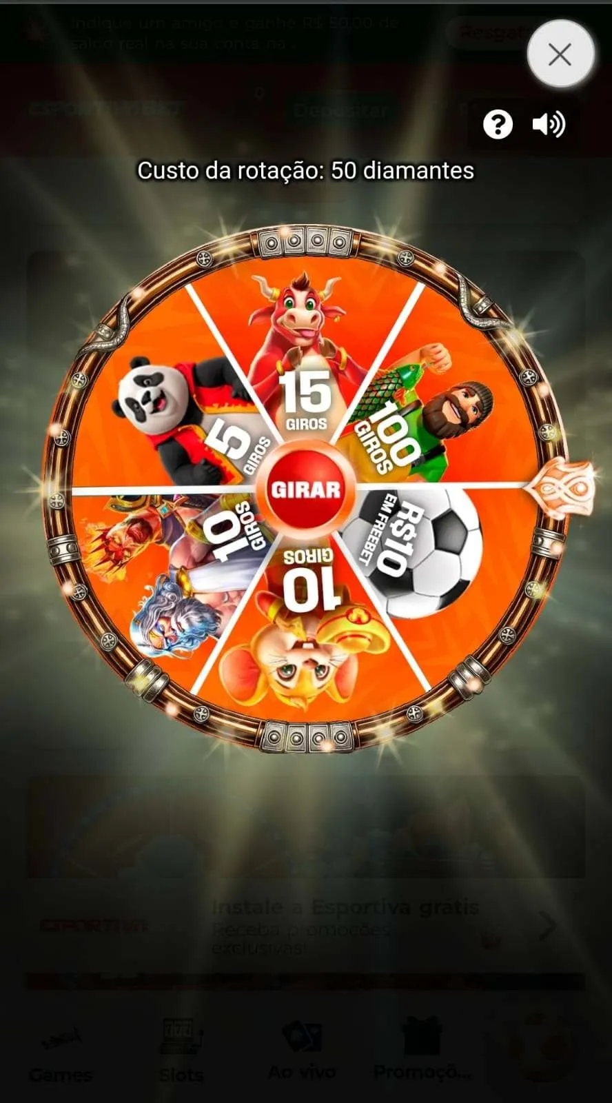 Roleta da Sorte Esportivabet com botão de girar e prêmios como free bets de R$100 e 15 giros grátis no jogo do touro.