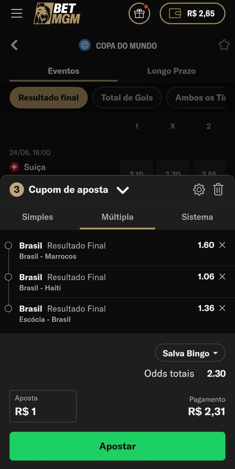  Boletim de apostas na BetMGM com uma múltipla para vitória do Brasil em todos os jogos da fase de grupos da Copa do Mundo
Data: 28/05/2026