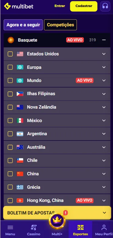 Captura de tela da página de competições de basquete na Multibet