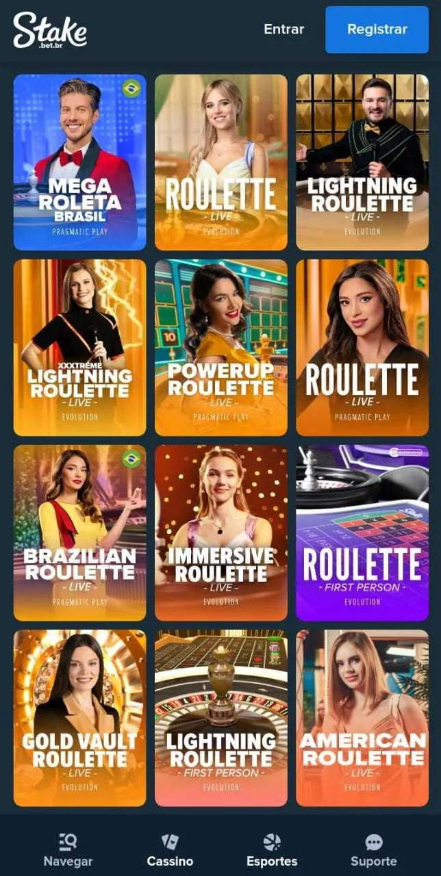 Exibição de 12 jogos de roleta da Stake, incluindo Mega Roleta Brasil, Roulette Live e Lightning Roulette
