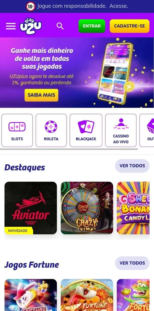 Cassino PlayUZU com o Aviator como primeiro jogo de destaque, além de informações sobre o UZU Plus, programa de cashback.