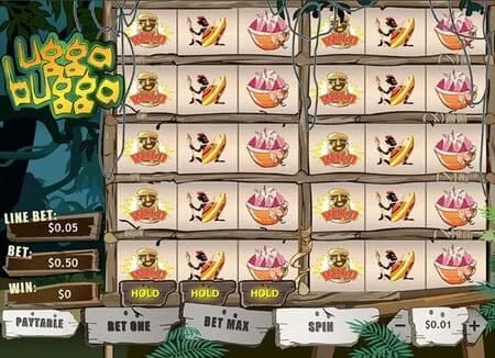 Diferentes figuras que remetem à pré-história no slot Ugga Bugga, com informações sobre line bet, bet e win