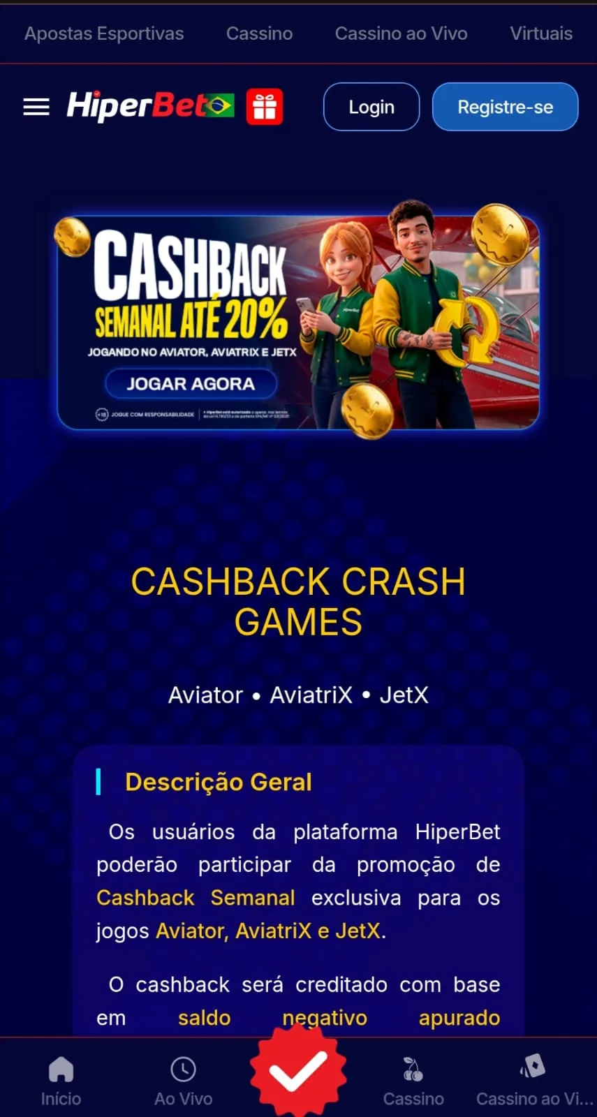 Oferta de cashback semanal em jogos crash na HiperBet como Aviator, AviatriX e JetX.