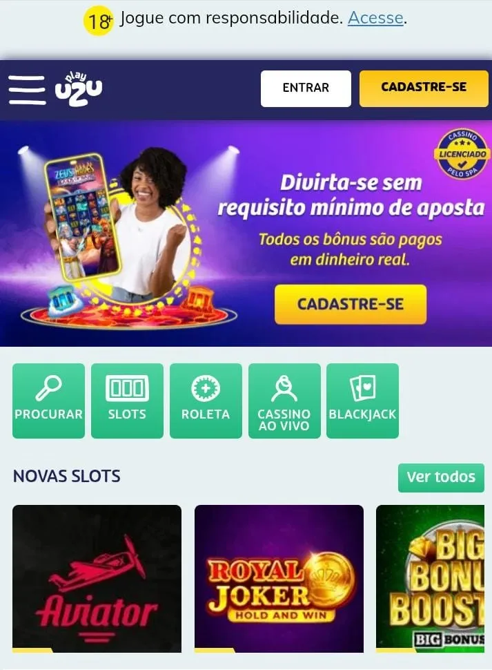 Banner da PlayUZU, com uma mulher mostrando o celular, informando que todos os bônus do cassino são sem rollover