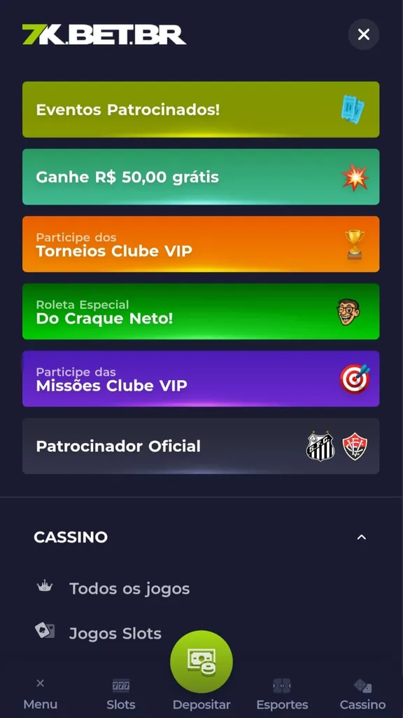 Captura de tela das ofertas do cassino Bet7k