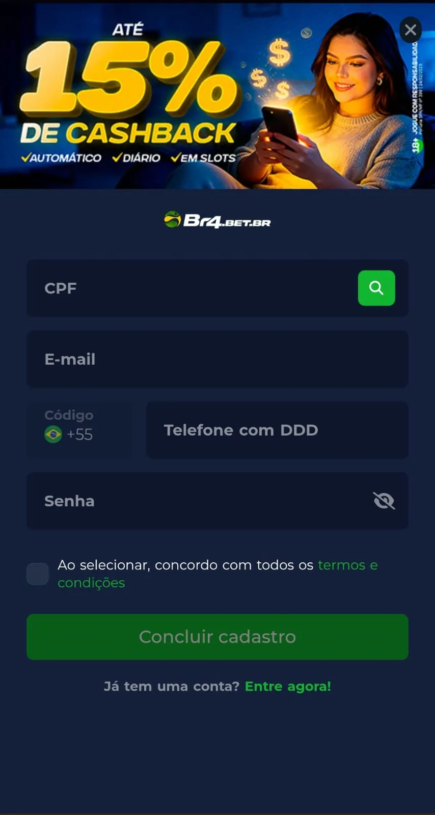 Formulário de cadastro da Br4Bet, com campos de CPF, e-mail, telefone e senha.