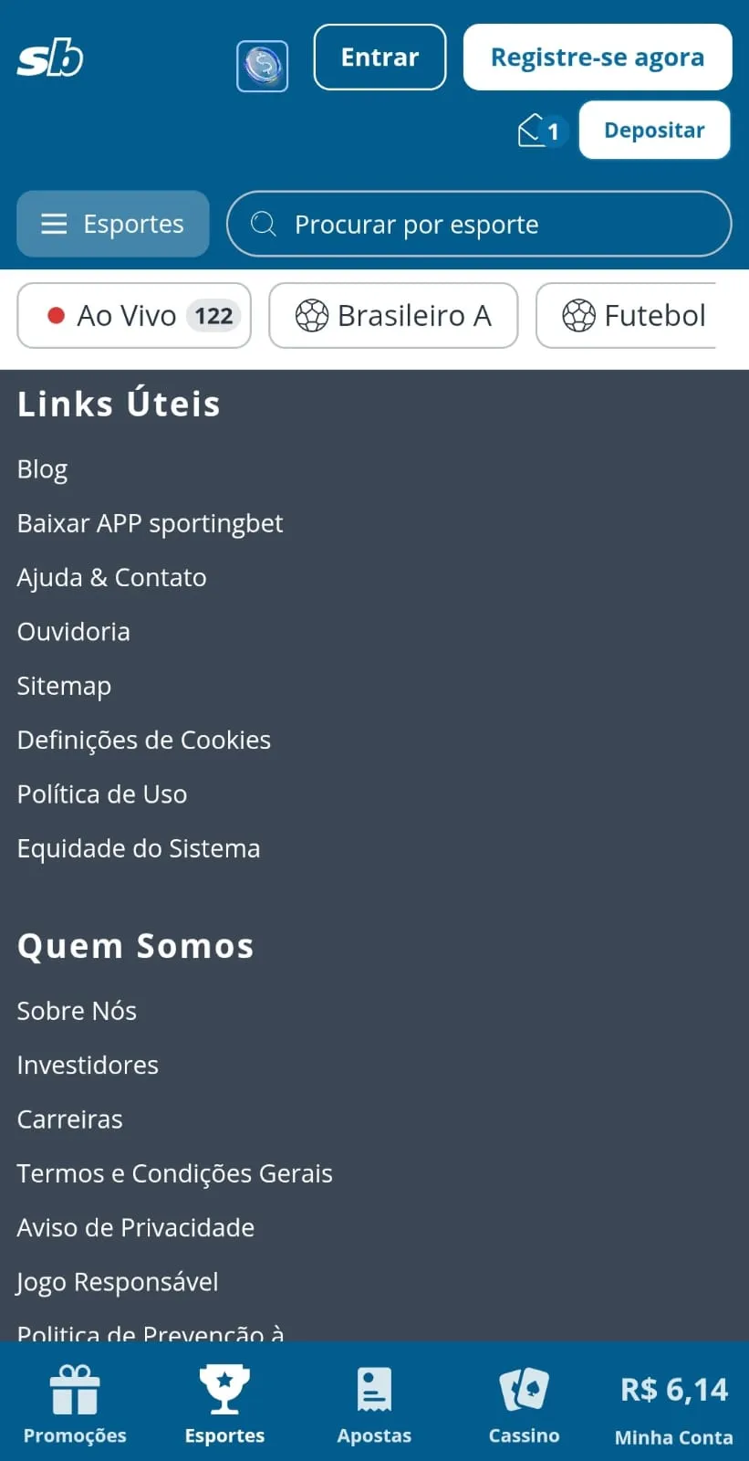 Seções de rodapé do site da Sportingbet, com links úteis incluindo Baixar app Sportingbet