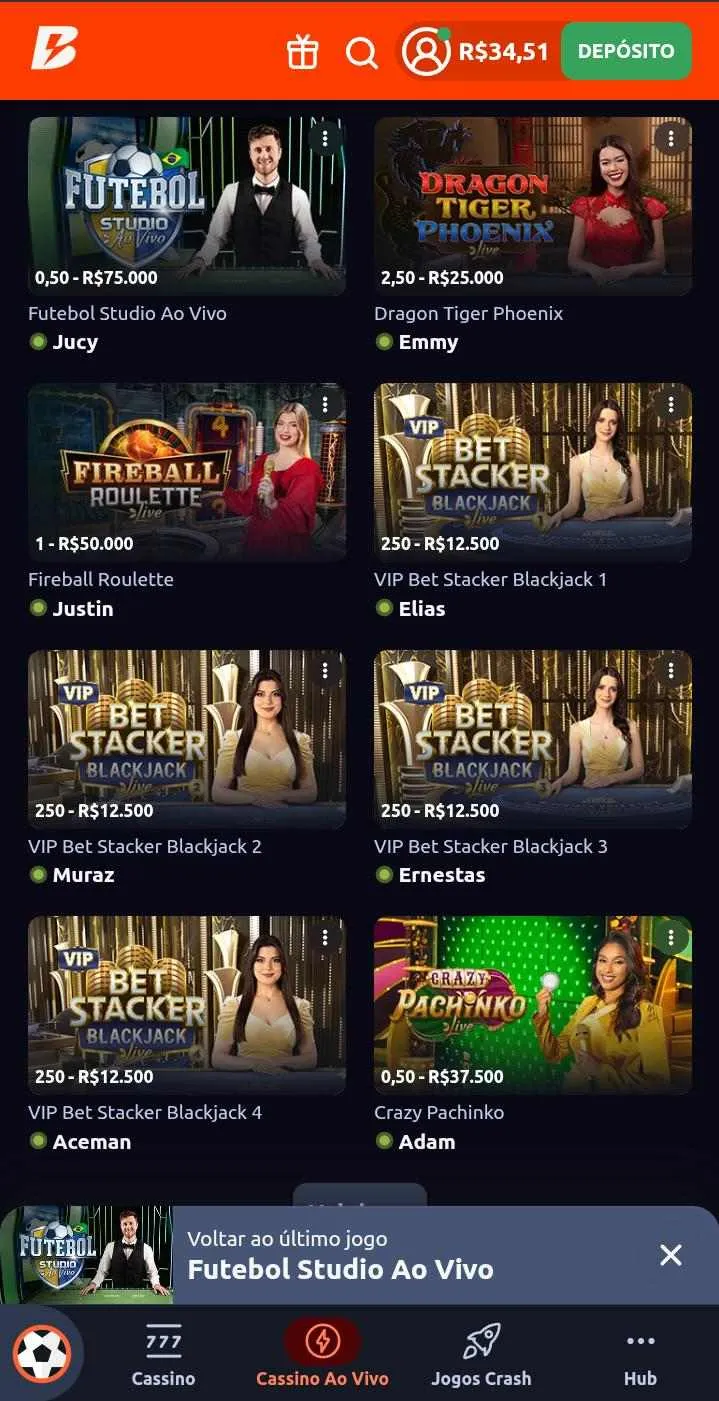 Seleção de mesas da Evolution na Betano, incluindo Futebol Studio, com nome do dealer e limites de apostas em todas elas