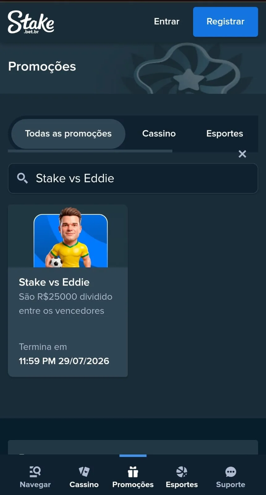 Print da promoção "Stake vs Eddie", na página de promoções da operadora.
